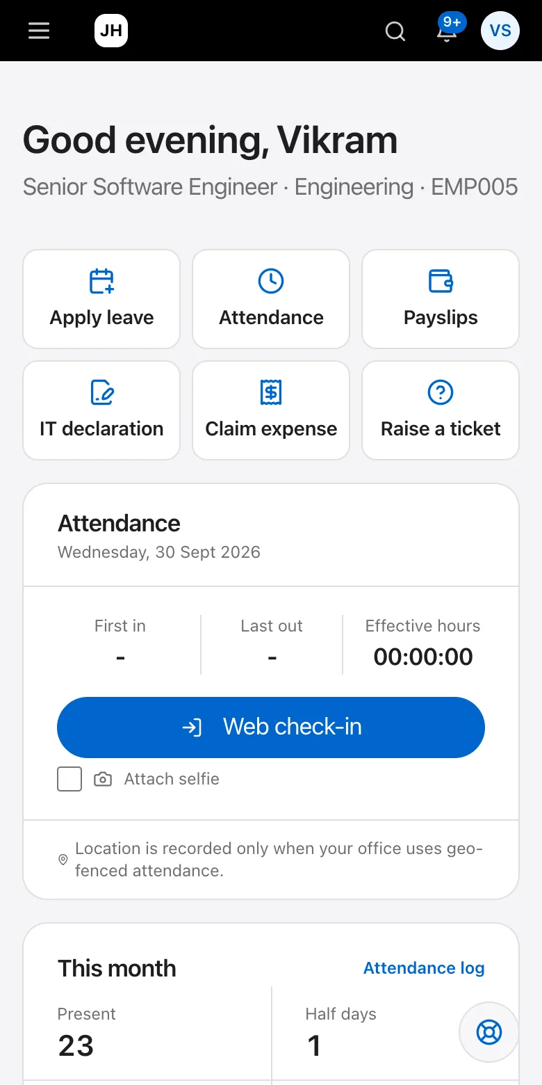 Employee home screen on a phone with attendance check-in and leave balance